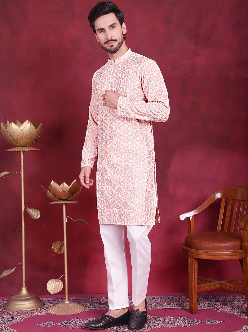 Men's Chikankari Embroidered Kurta Pyjama Set ( JOKP 5020 Pink )