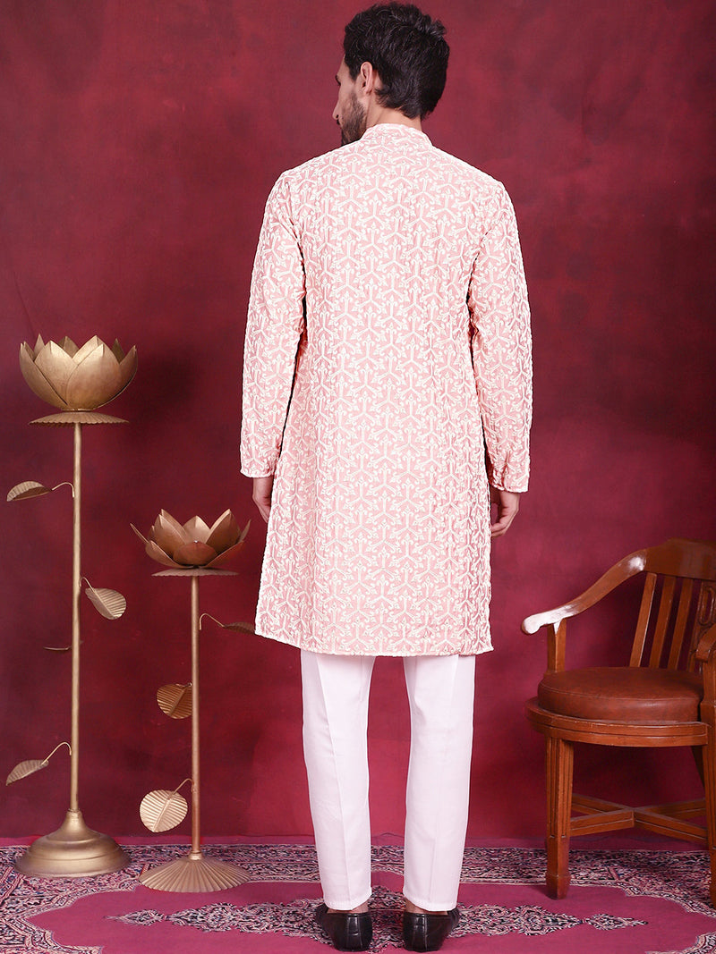 Men's Chikankari Embroidered Kurta Pyjama Set ( JOKP 5020 Pink )