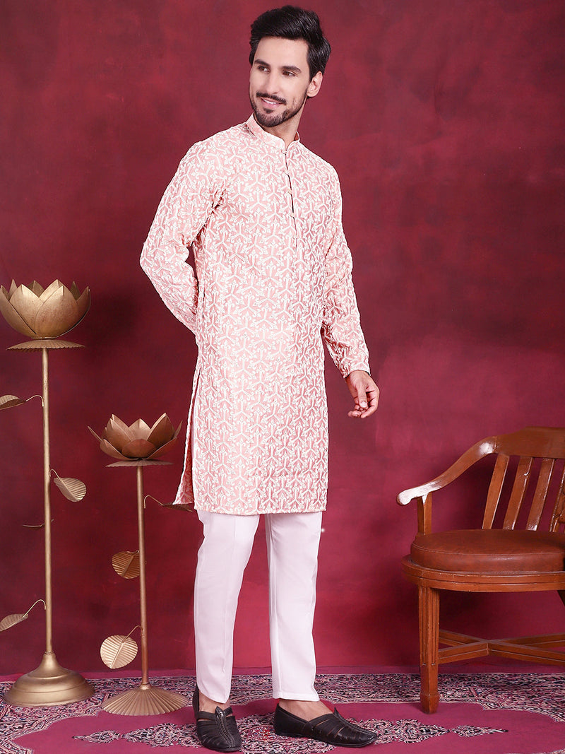 Men's Chikankari Embroidered Kurta Pyjama Set ( JOKP 5020 Pink )