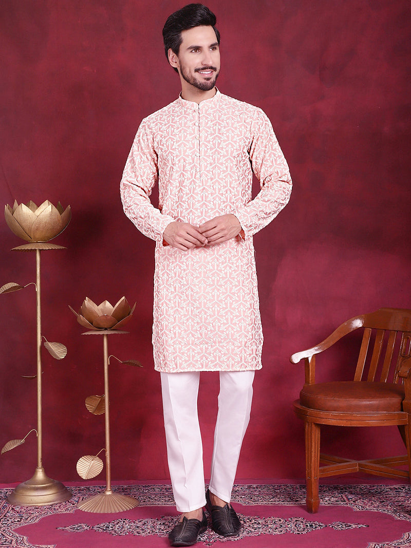 Men's Chikankari Embroidered Kurta Pyjama Set ( JOKP 5020 Pink )