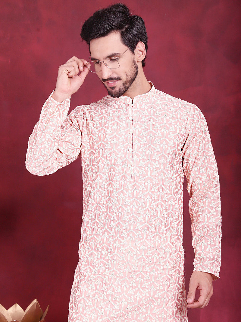 Men's Chikankari Embroidered Kurta Pyjama Set ( JOKP 5020 Pink )