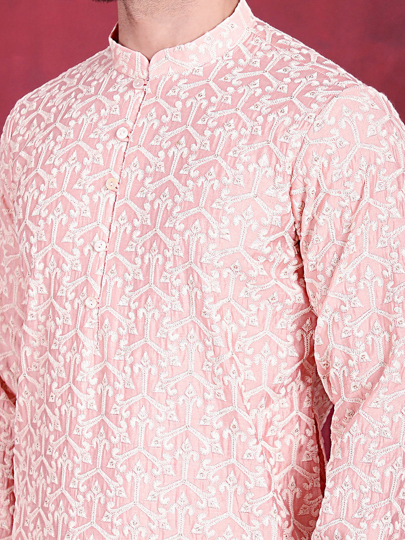 Men's Chikankari Embroidered Kurta Pyjama Set ( JOKP 5020 Pink )