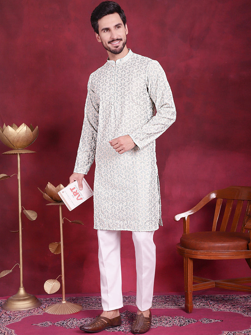 Men's Chikankari Embroidered Kurta Pyjama Set ( JOKP 5020 Pista )