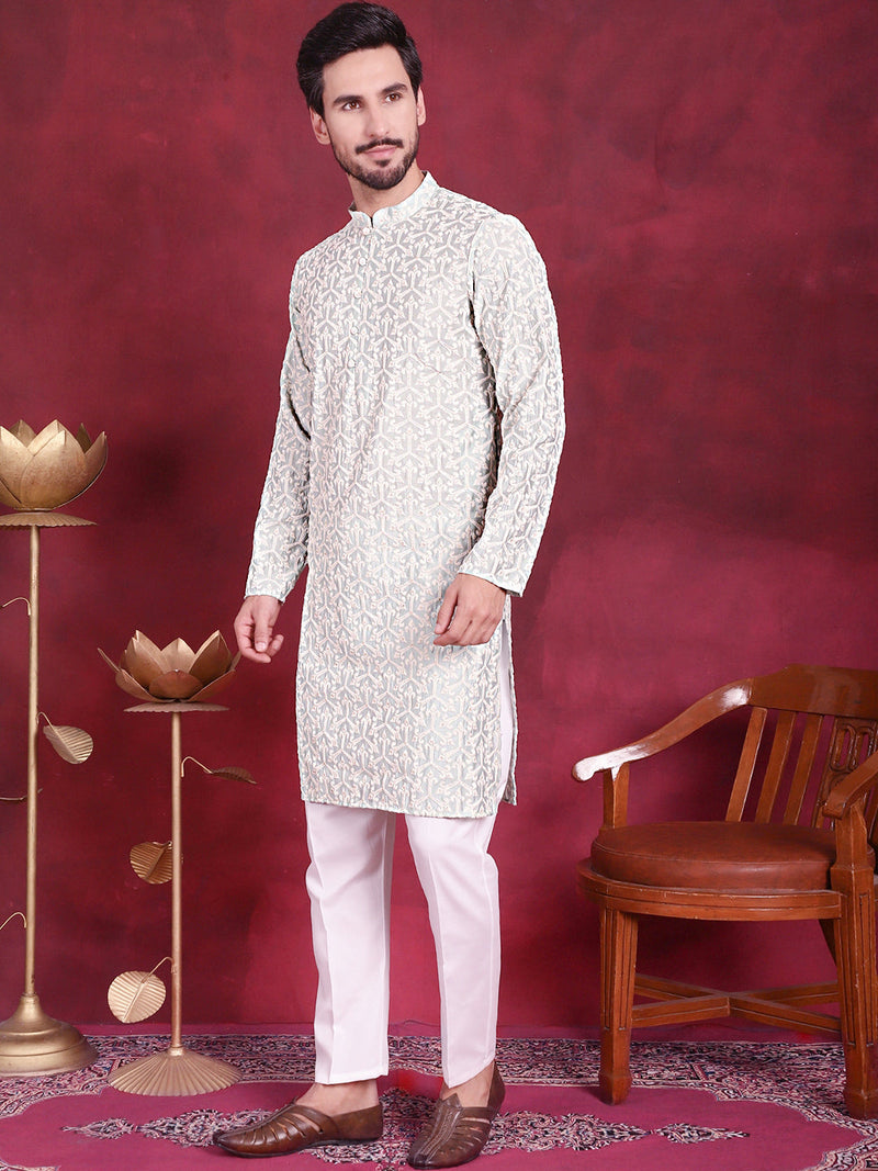 Men's Chikankari Embroidered Kurta Pyjama Set ( JOKP 5020 Pista )