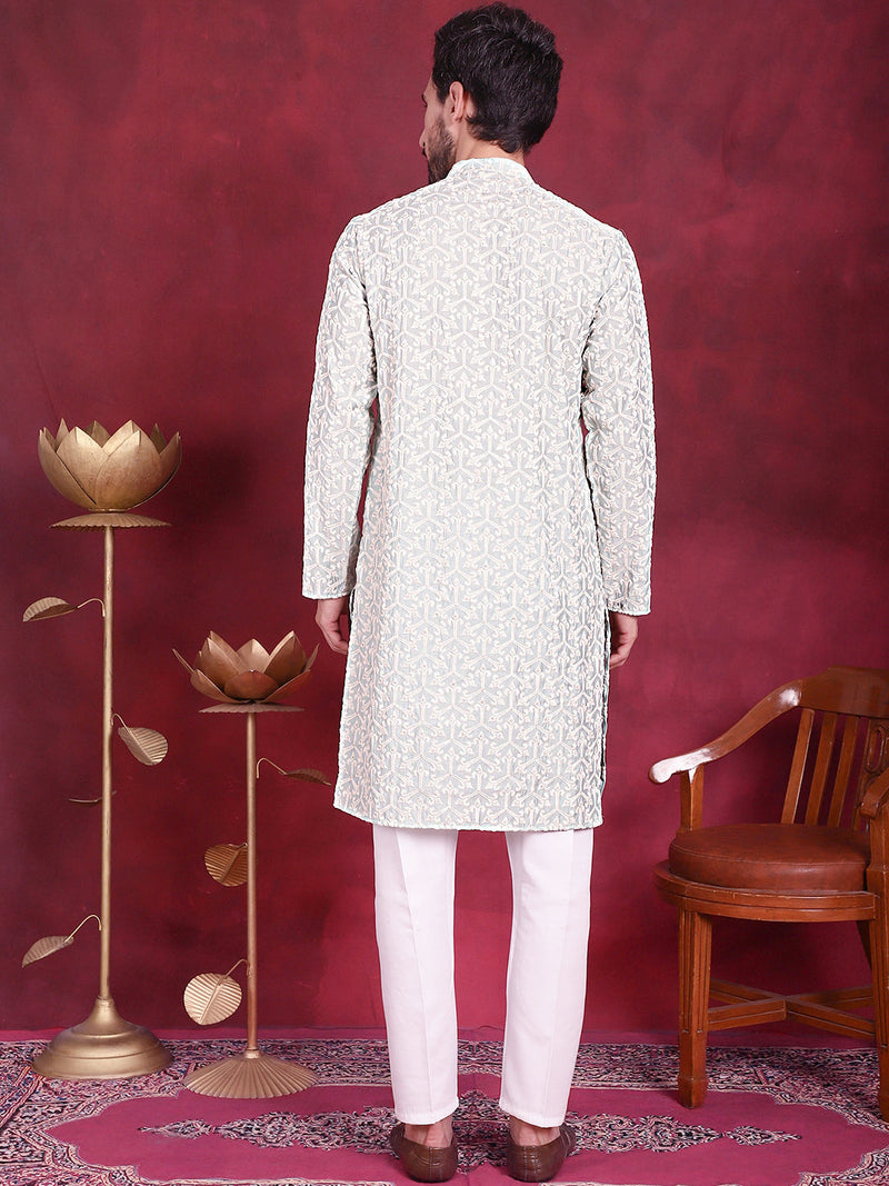 Men's Chikankari Embroidered Kurta Pyjama Set ( JOKP 5020 Pista )