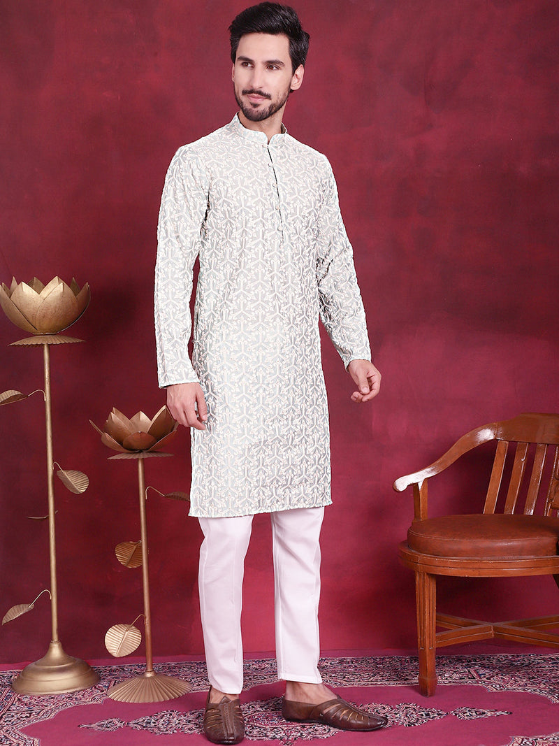 Men's Chikankari Embroidered Kurta Pyjama Set ( JOKP 5020 Pista )