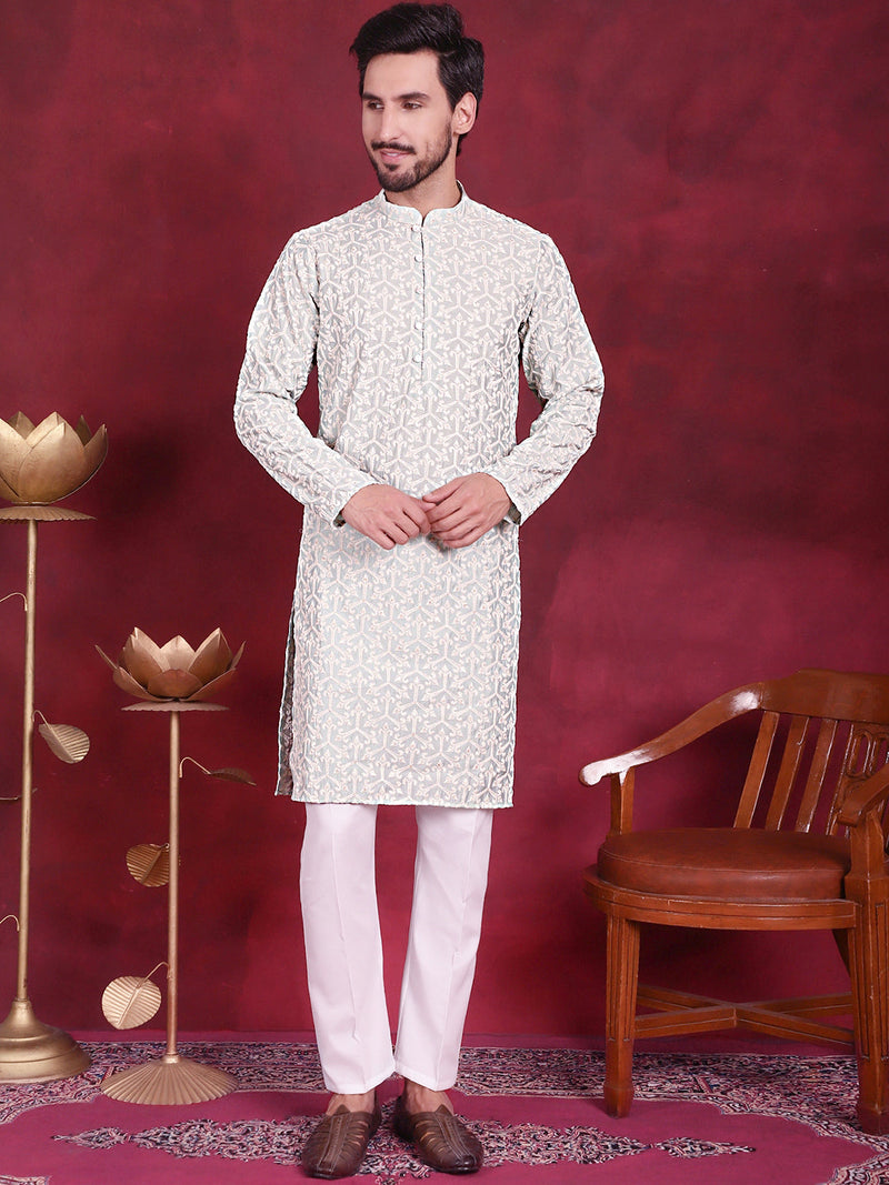 Men's Chikankari Embroidered Kurta Pyjama Set ( JOKP 5020 Pista )