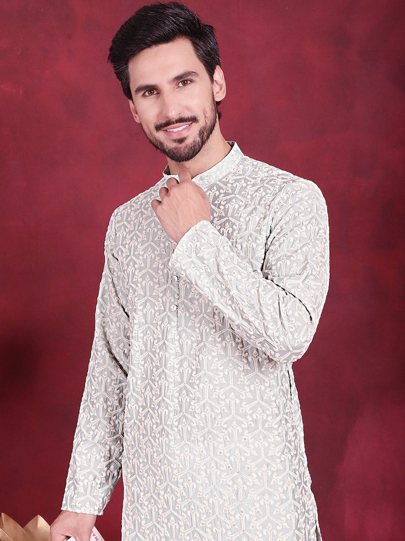 Men's Chikankari Embroidered Kurta Pyjama Set ( JOKP 5020 Pista )