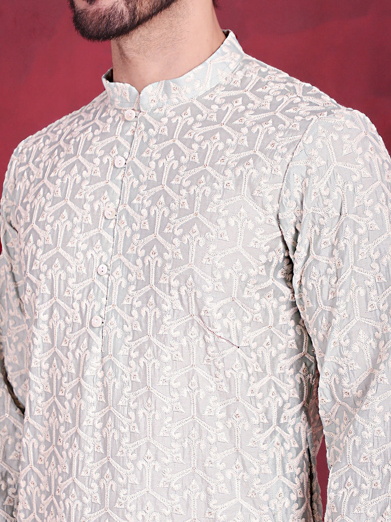 Men's Chikankari Embroidered Kurta Pyjama Set ( JOKP 5020 Pista )