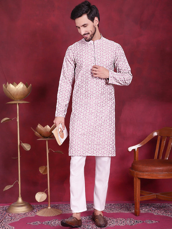 Men's Chikankari Embroidered Kurta Pyjama Set ( JOKP 5020 Purple )