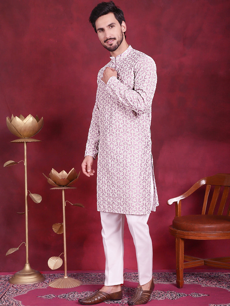 Men's Chikankari Embroidered Kurta Pyjama Set ( JOKP 5020 Purple )