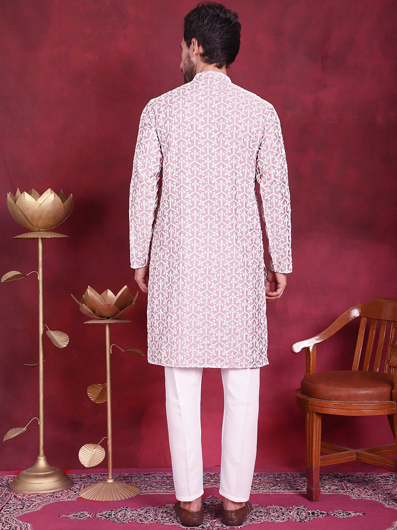 Men's Chikankari Embroidered Kurta Pyjama Set ( JOKP 5020 Purple )