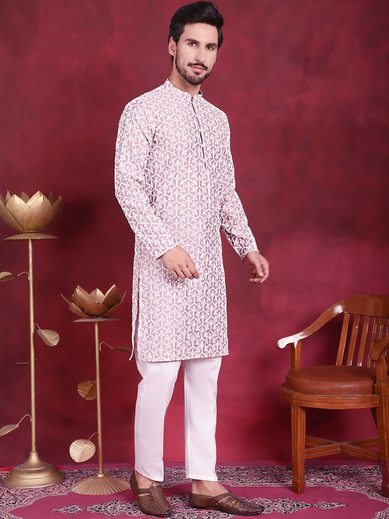 Men's Chikankari Embroidered Kurta Pyjama Set ( JOKP 5020 Purple )