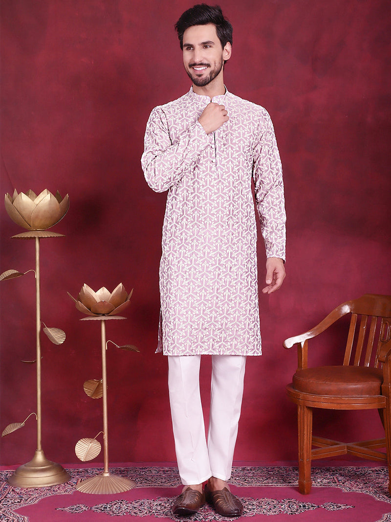 Men's Chikankari Embroidered Kurta Pyjama Set ( JOKP 5020 Purple )