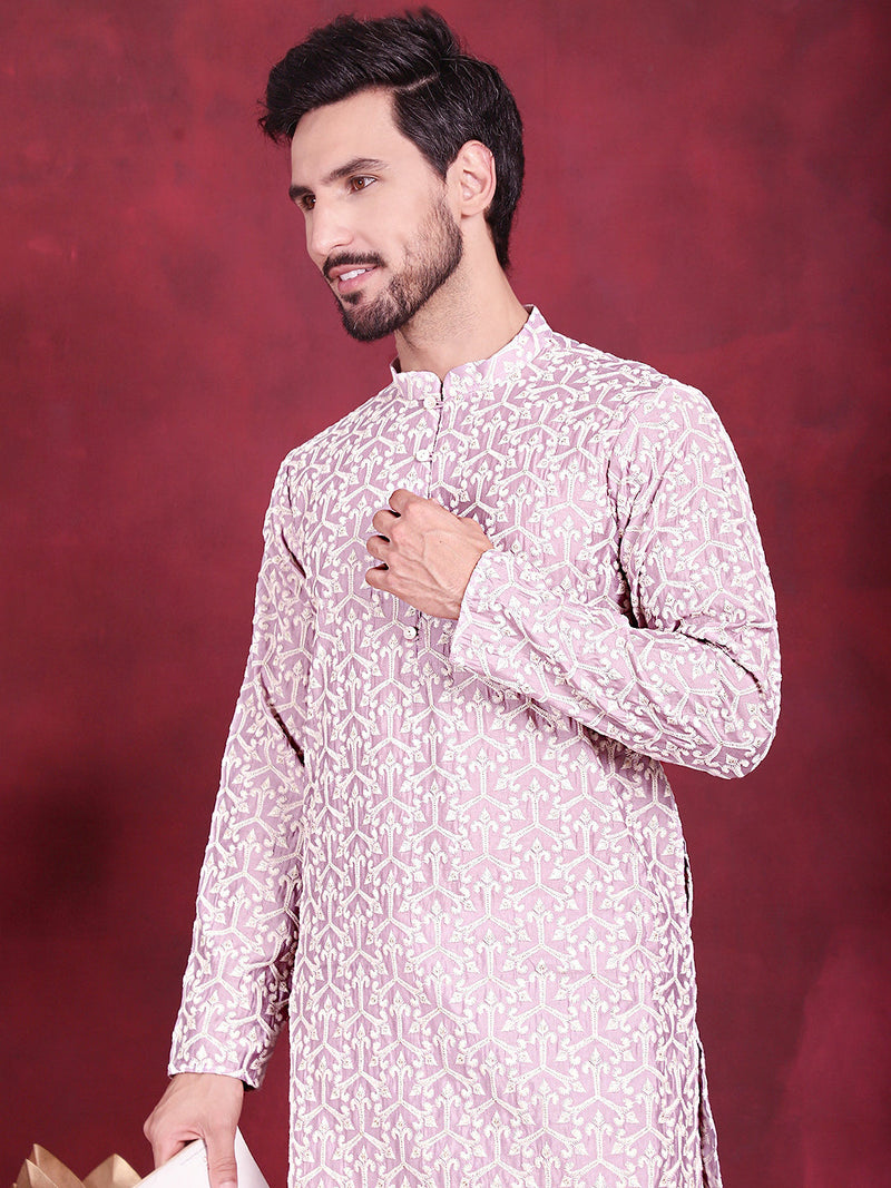 Men's Chikankari Embroidered Kurta Pyjama Set ( JOKP 5020 Purple )