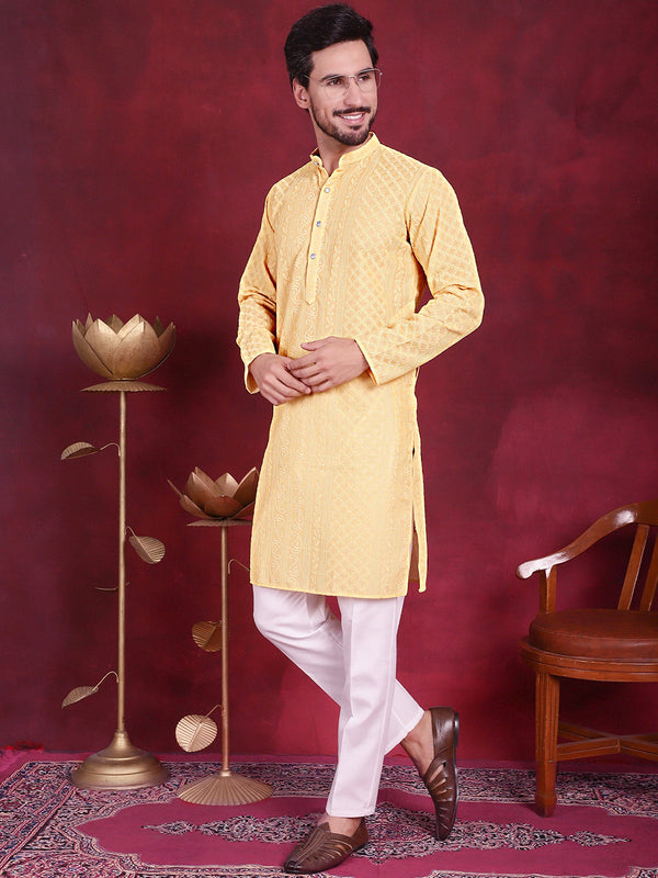 Men's Chikankari Embroidered Kurta Pyjama Set ( JOKP 5021 Beige )