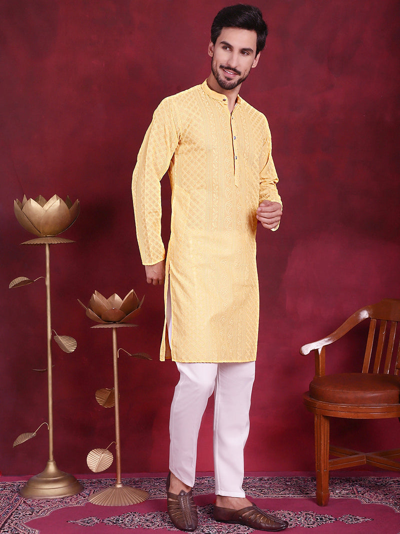 Men's Chikankari Embroidered Kurta Pyjama Set ( JOKP 5021 Beige )