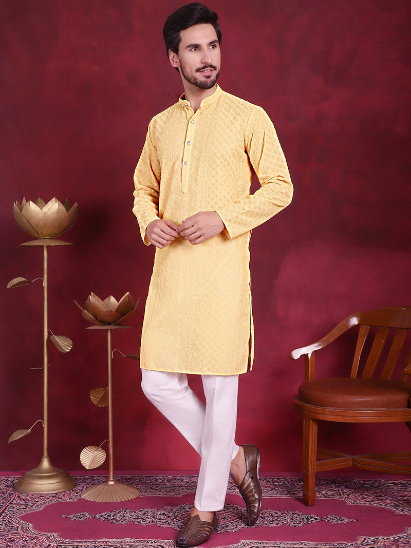 Men's Chikankari Embroidered Kurta Pyjama Set ( JOKP 5021 Beige )