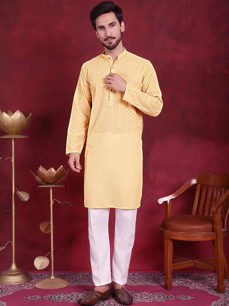 Men's Chikankari Embroidered Kurta Pyjama Set ( JOKP 5021 Beige )