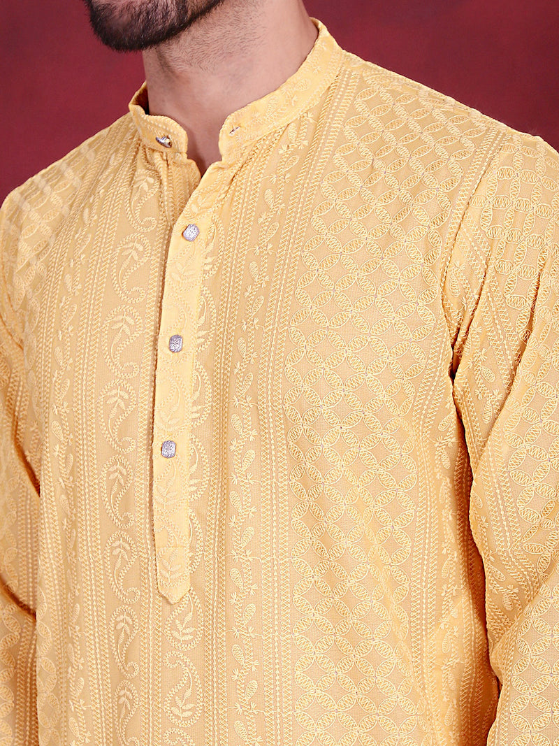 Men's Chikankari Embroidered Kurta Pyjama Set ( JOKP 5021 Beige )