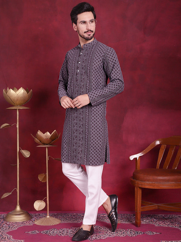 Men's Chikankari Embroidered Kurta Pyjama Set ( JOKP 5021 Grey )