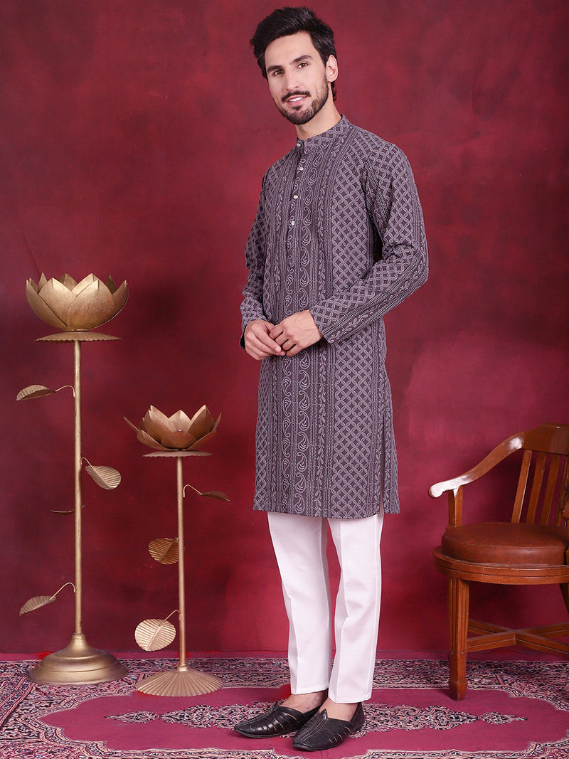 Men's Chikankari Embroidered Kurta Pyjama Set ( JOKP 5021 Grey )