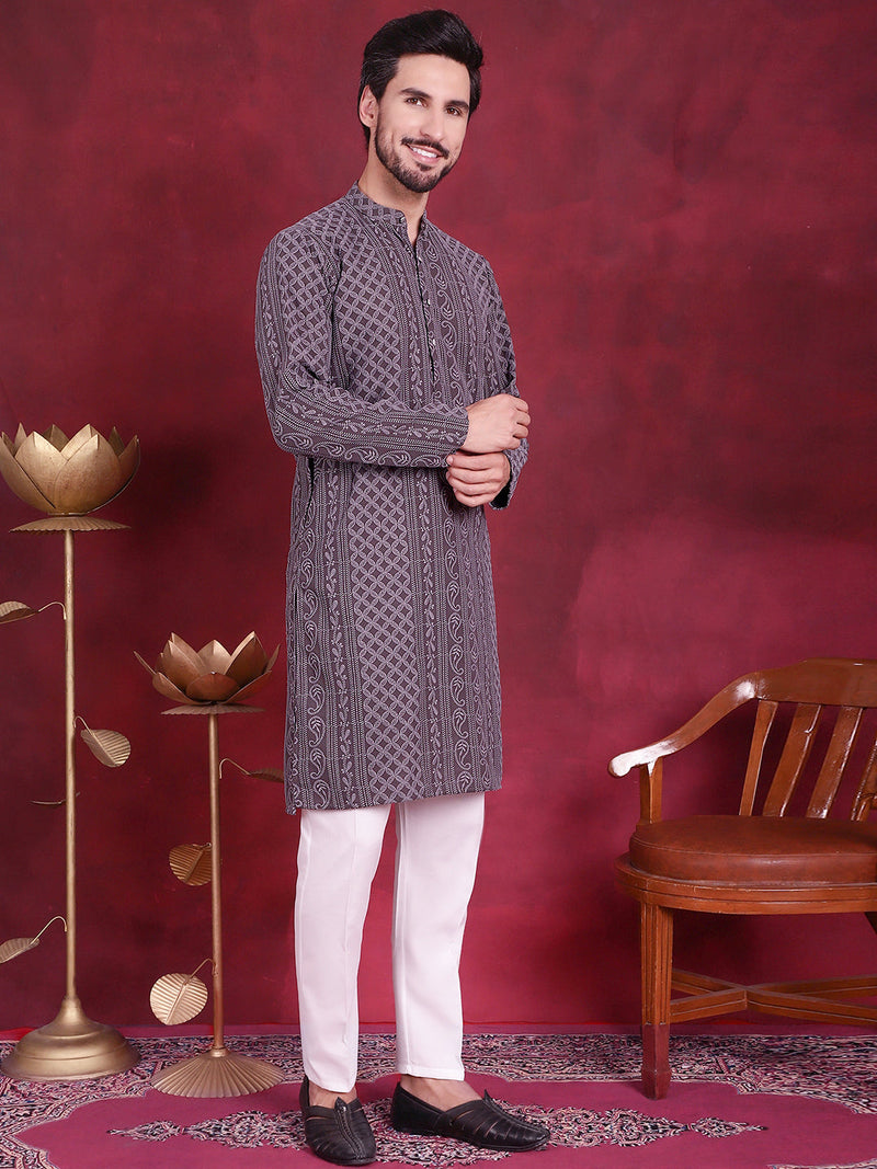 Men's Chikankari Embroidered Kurta Pyjama Set ( JOKP 5021 Grey )