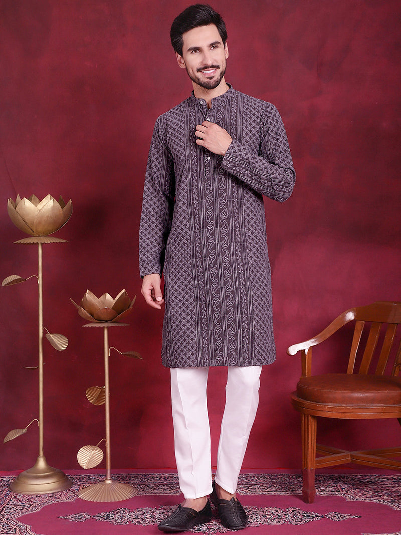 Men's Chikankari Embroidered Kurta Pyjama Set ( JOKP 5021 Grey )