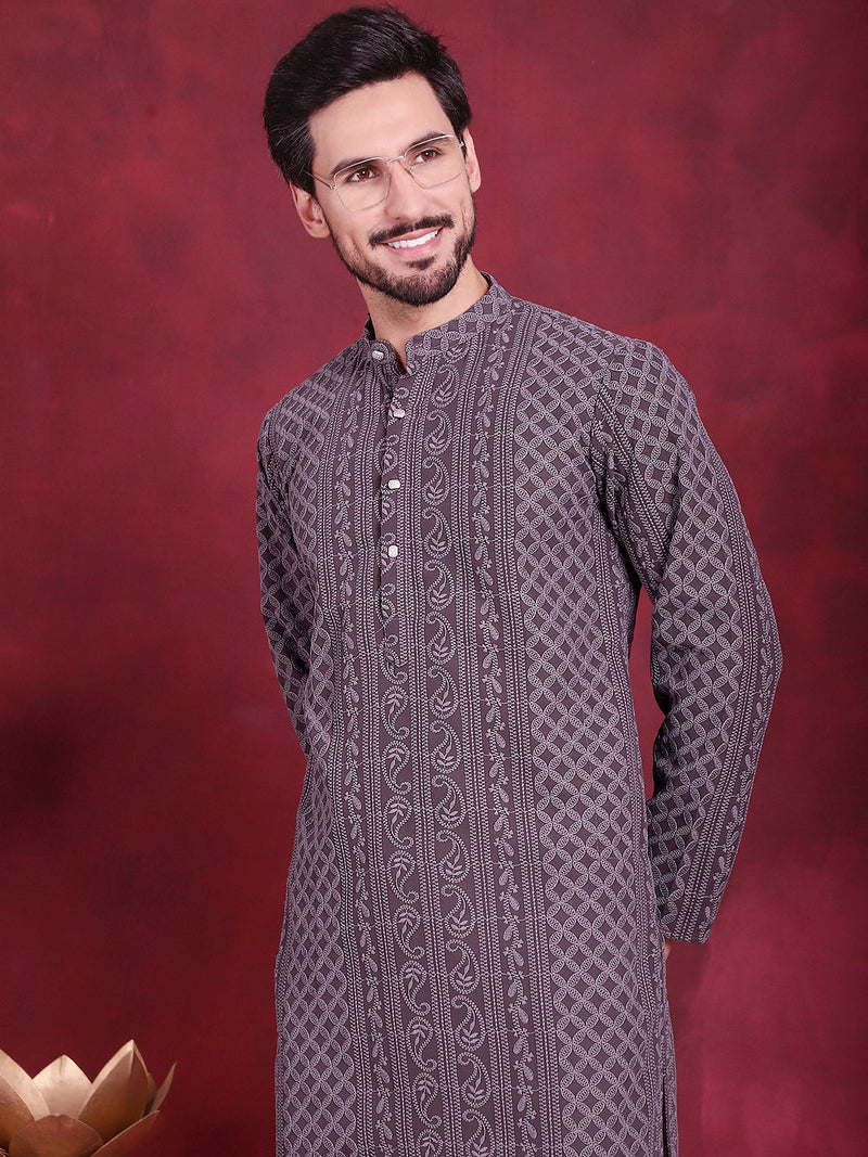 Men's Chikankari Embroidered Kurta Pyjama Set ( JOKP 5021 Grey )