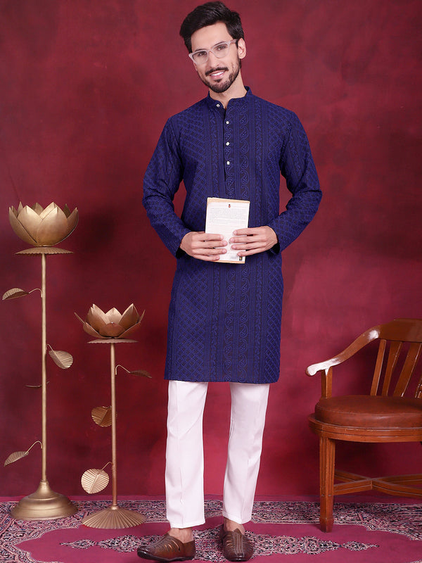 Men's Chikankari Embroidered Kurta Pyjama Set ( JOKP 5021 Navy )