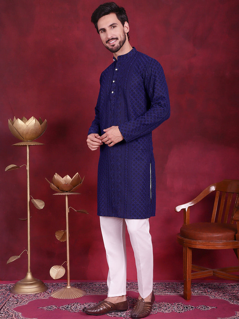 Men's Chikankari Embroidered Kurta Pyjama Set ( JOKP 5021 Navy )