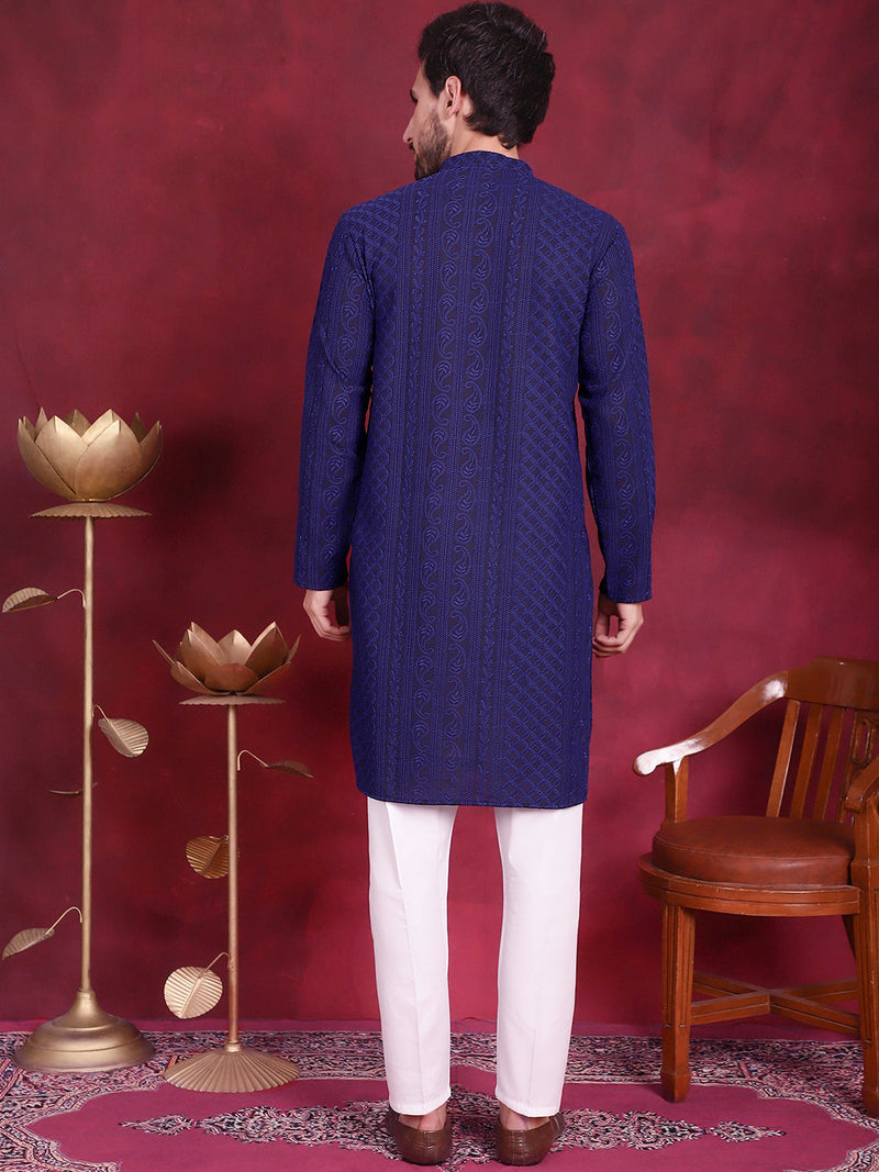 Men's Chikankari Embroidered Kurta Pyjama Set ( JOKP 5021 Navy )