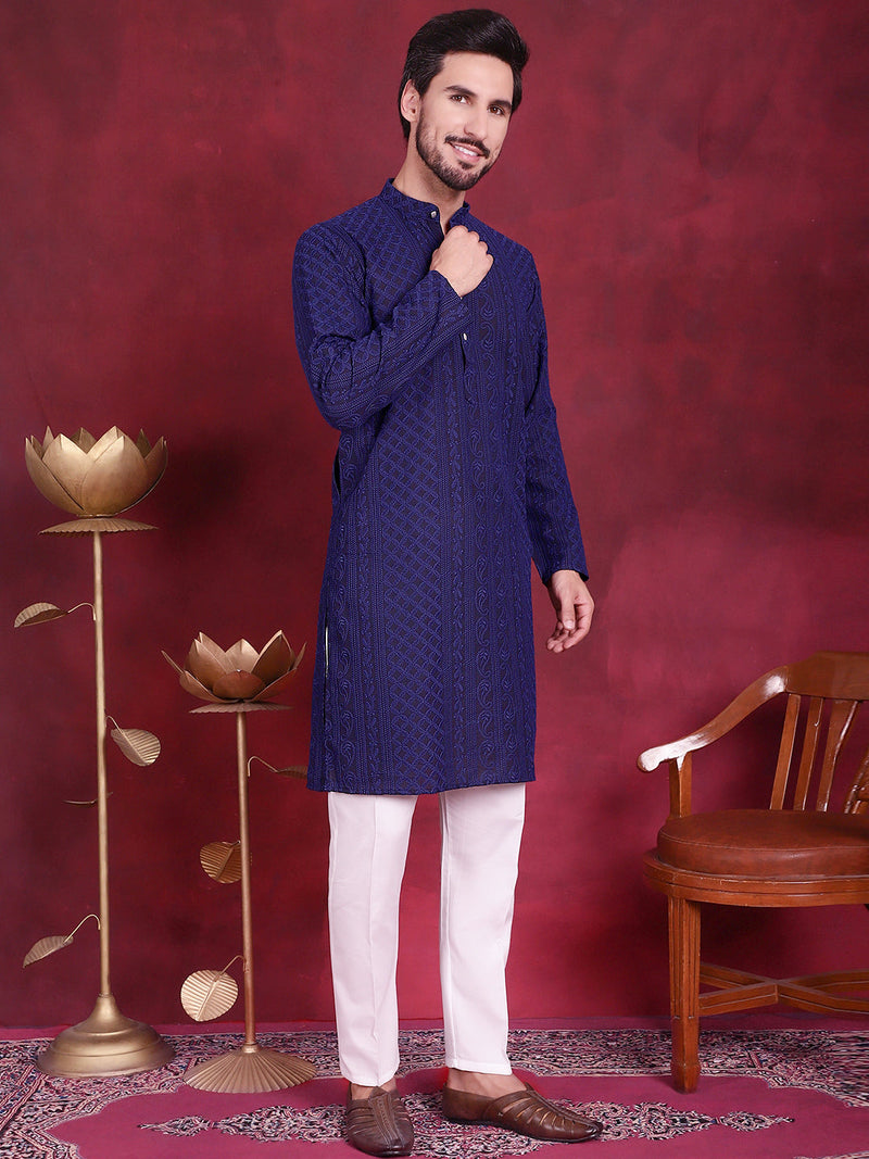 Men's Chikankari Embroidered Kurta Pyjama Set ( JOKP 5021 Navy )