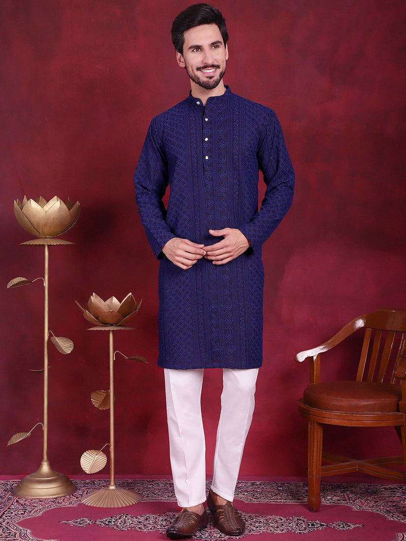 Men's Chikankari Embroidered Kurta Pyjama Set ( JOKP 5021 Navy )