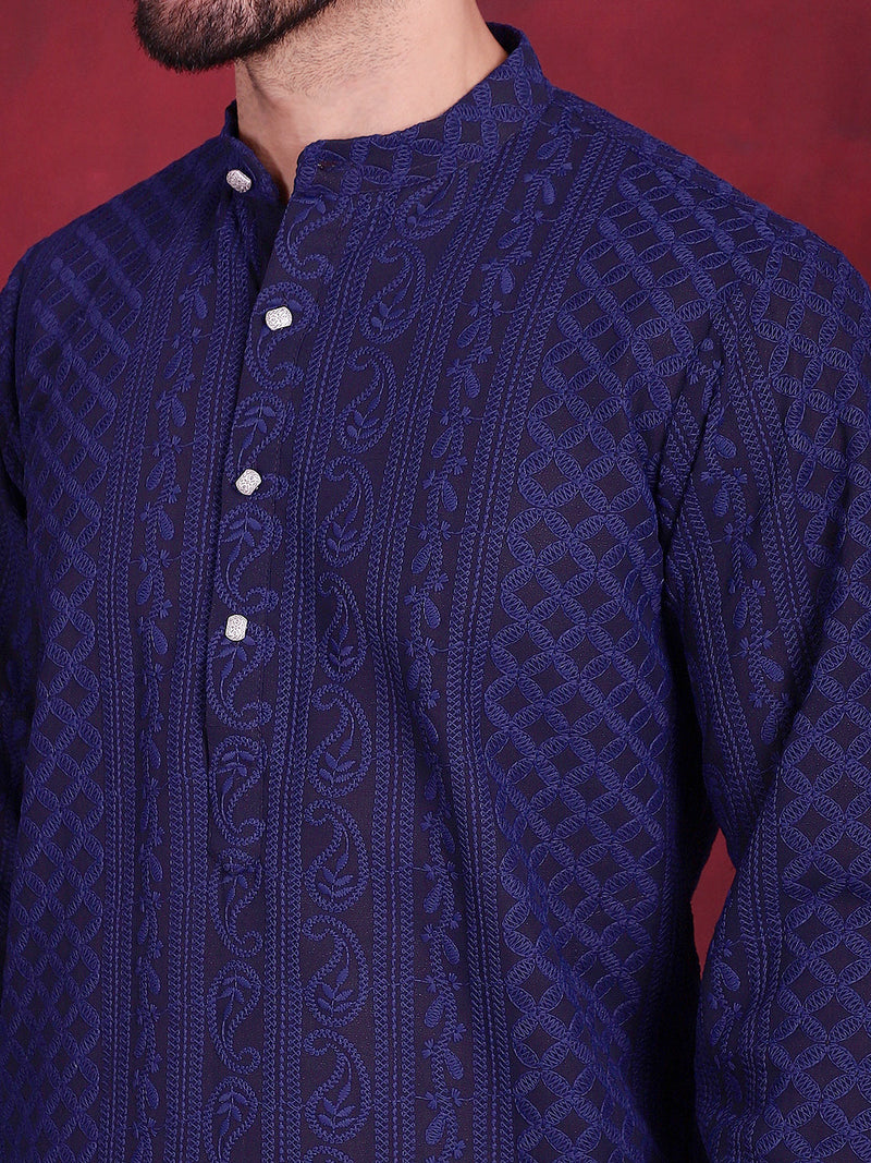 Men's Chikankari Embroidered Kurta Pyjama Set ( JOKP 5021 Navy )