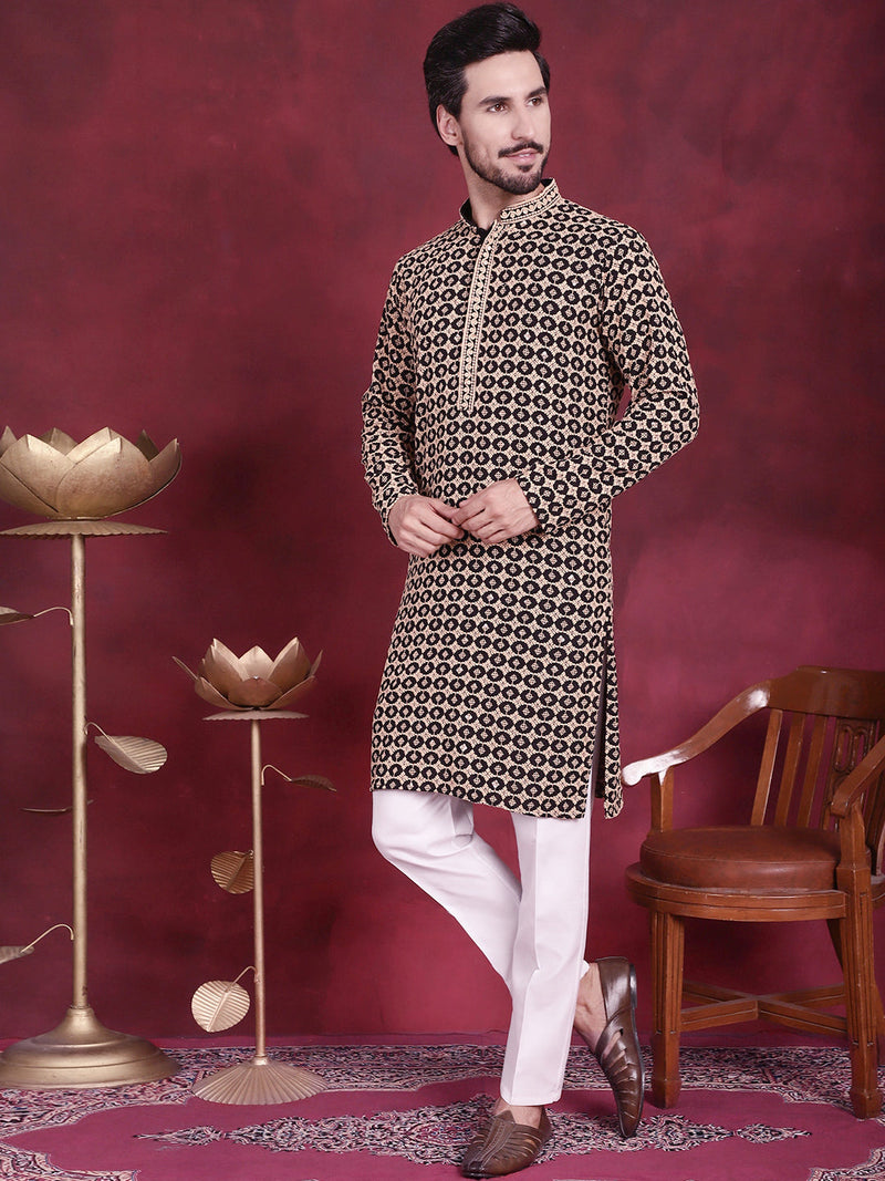 Men's Sequins Embroidered Kurta with Pyjama ( JOKP 5023 Black )