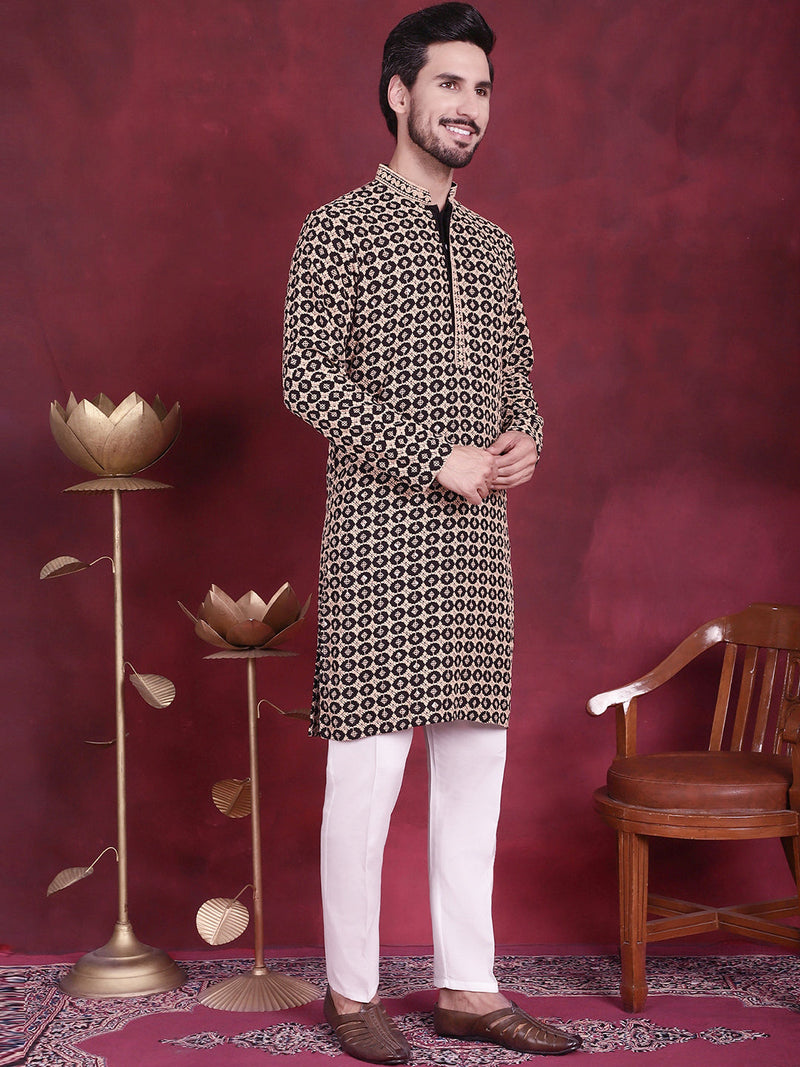 Men's Sequins Embroidered Kurta with Pyjama ( JOKP 5023 Black )