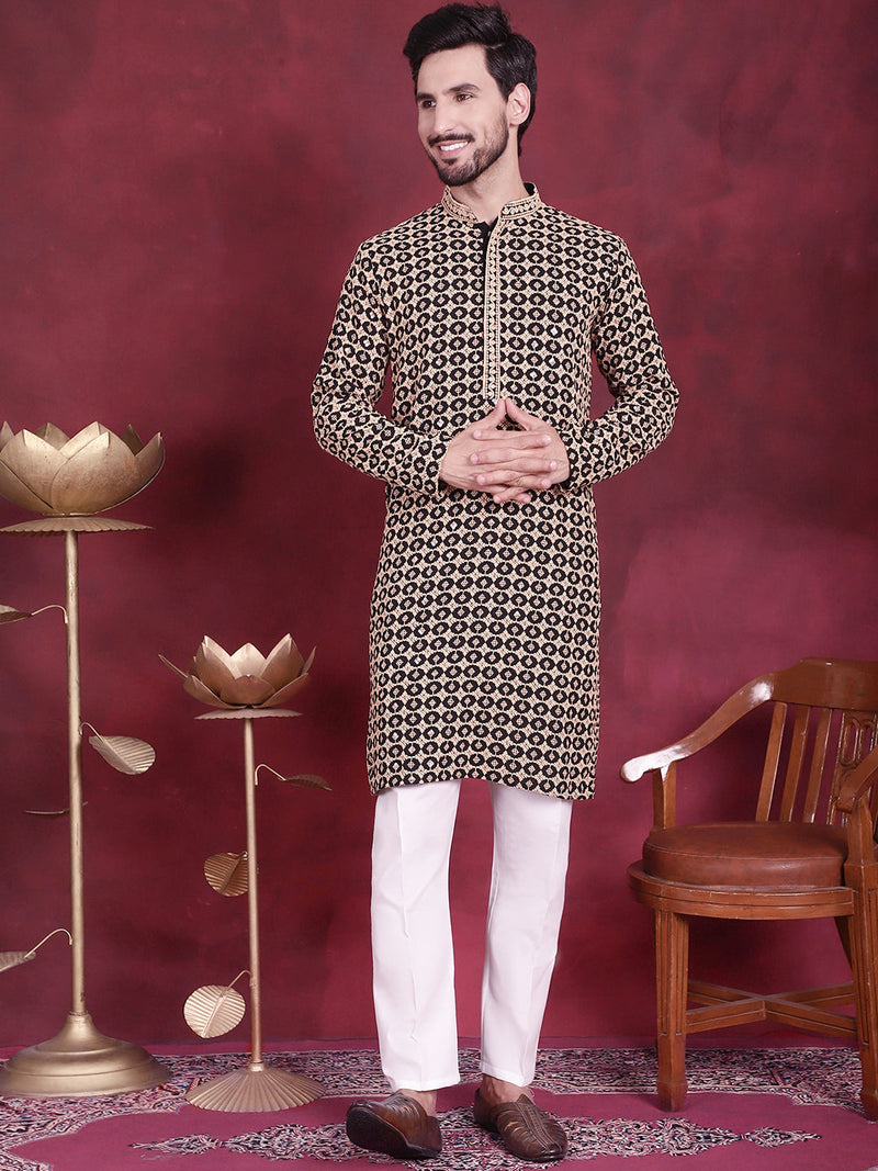 Men's Sequins Embroidered Kurta with Pyjama ( JOKP 5023 Black )