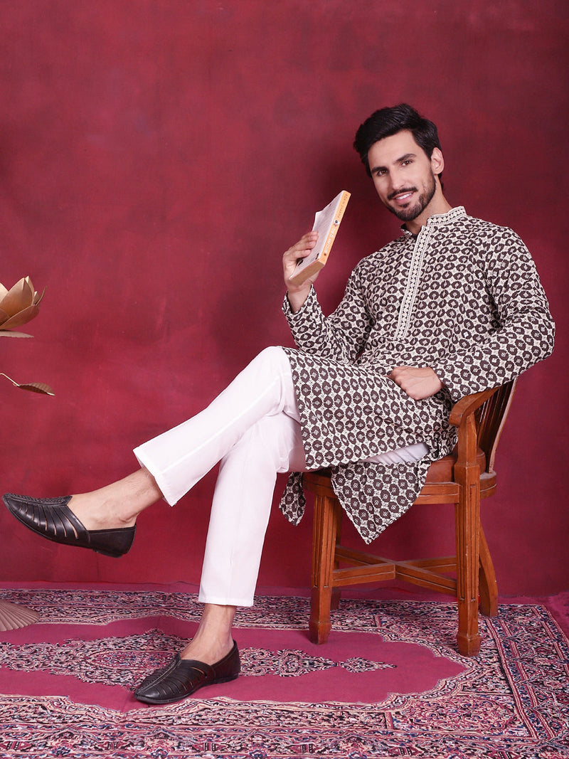 Men's Sequins Embroidered Kurta with Pyjama ( JOKP 5023 Brown )