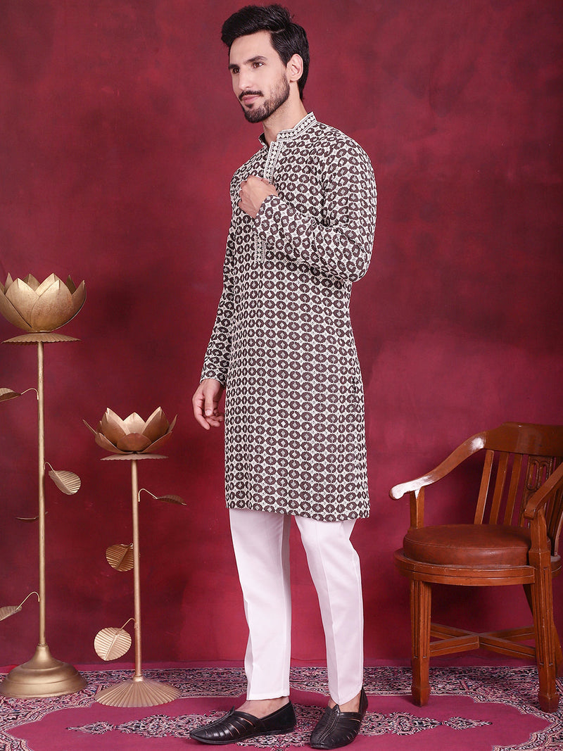 Men's Sequins Embroidered Kurta with Pyjama ( JOKP 5023 Brown )