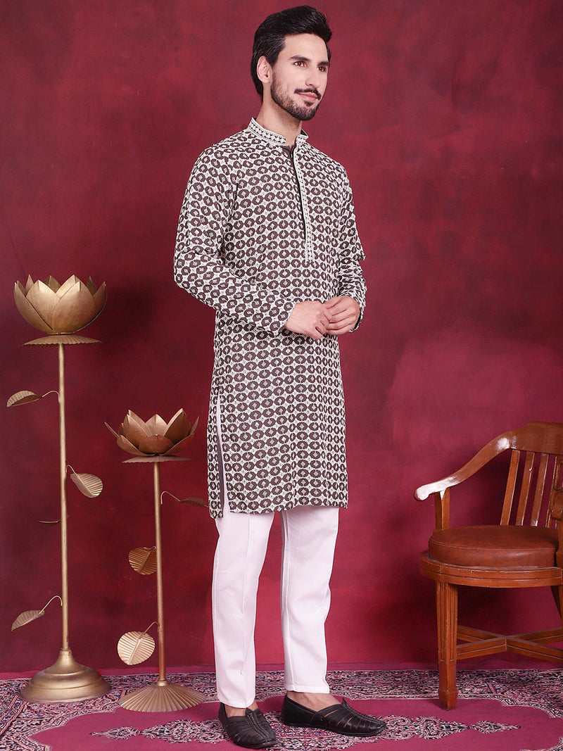 Men's Sequins Embroidered Kurta with Pyjama ( JOKP 5023 Brown )