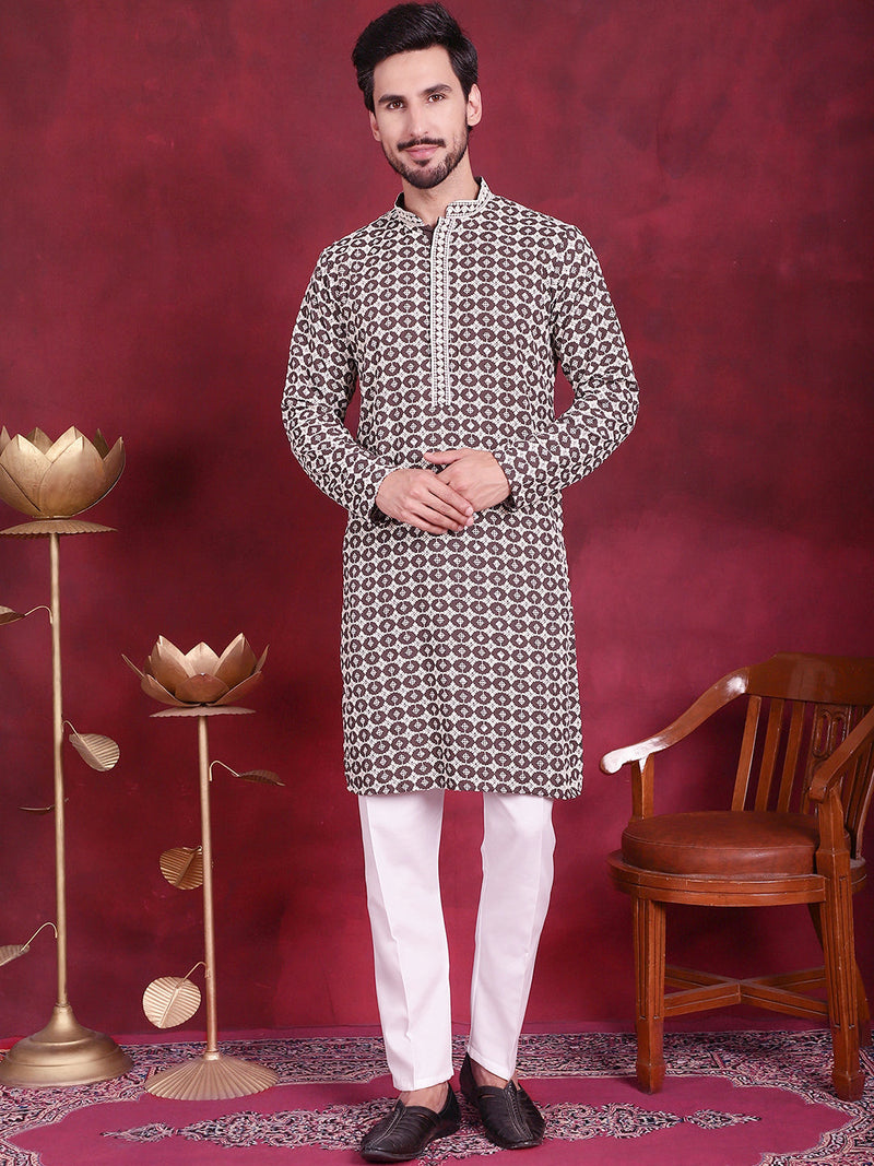 Men's Sequins Embroidered Kurta with Pyjama ( JOKP 5023 Brown )