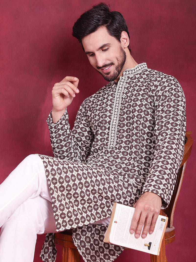 Men's Sequins Embroidered Kurta with Pyjama ( JOKP 5023 Brown )