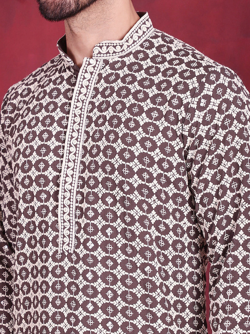 Men's Sequins Embroidered Kurta with Pyjama ( JOKP 5023 Brown )