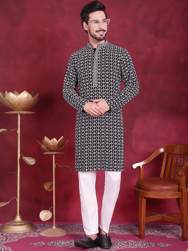 Men's Sequins Embroidered Kurta with Pyjama ( JOKP 5023 Grey )