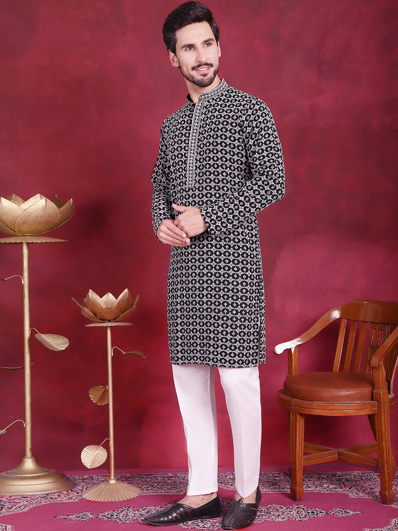 Men's Sequins Embroidered Kurta with Pyjama ( JOKP 5023 Grey )