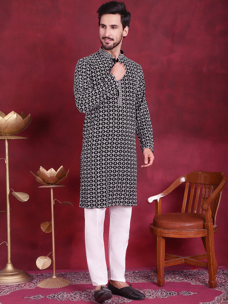 Men's Sequins Embroidered Kurta with Pyjama ( JOKP 5023 Grey )