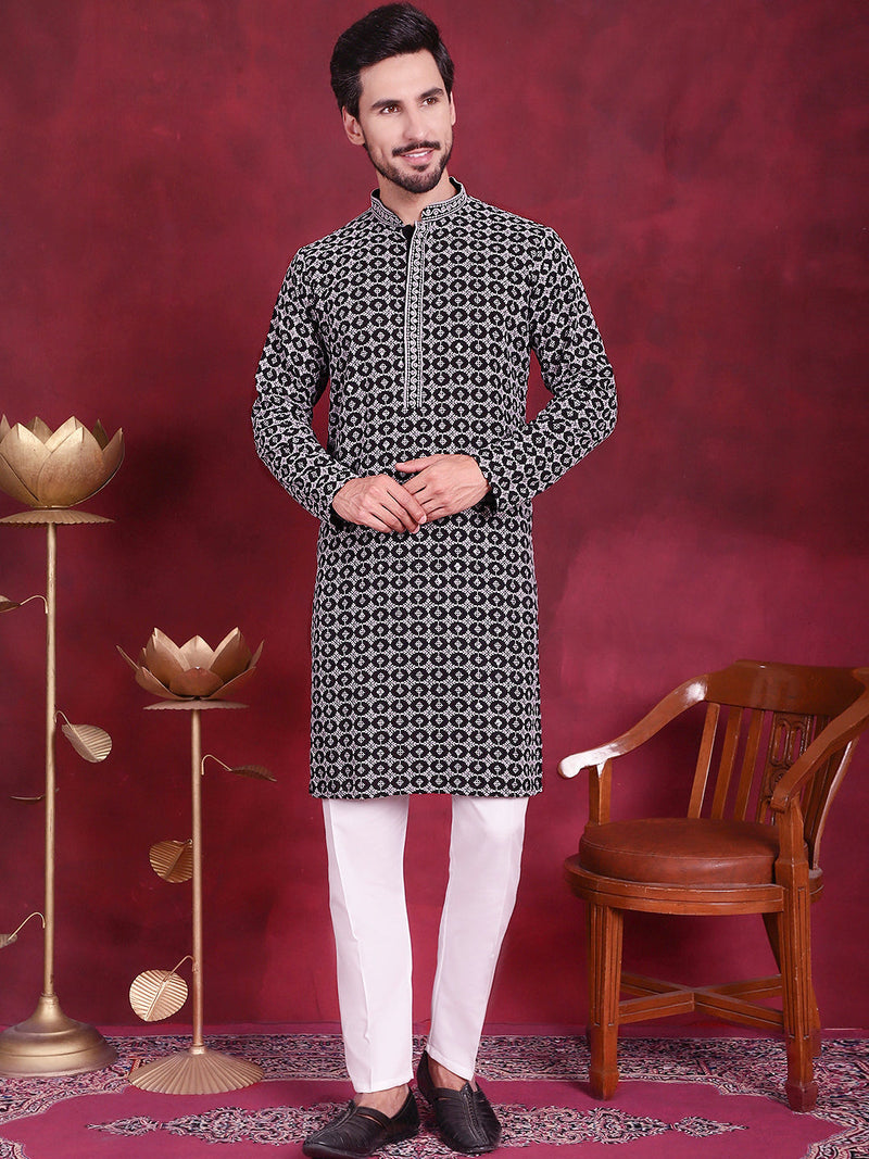 Men's Sequins Embroidered Kurta with Pyjama ( JOKP 5023 Grey )