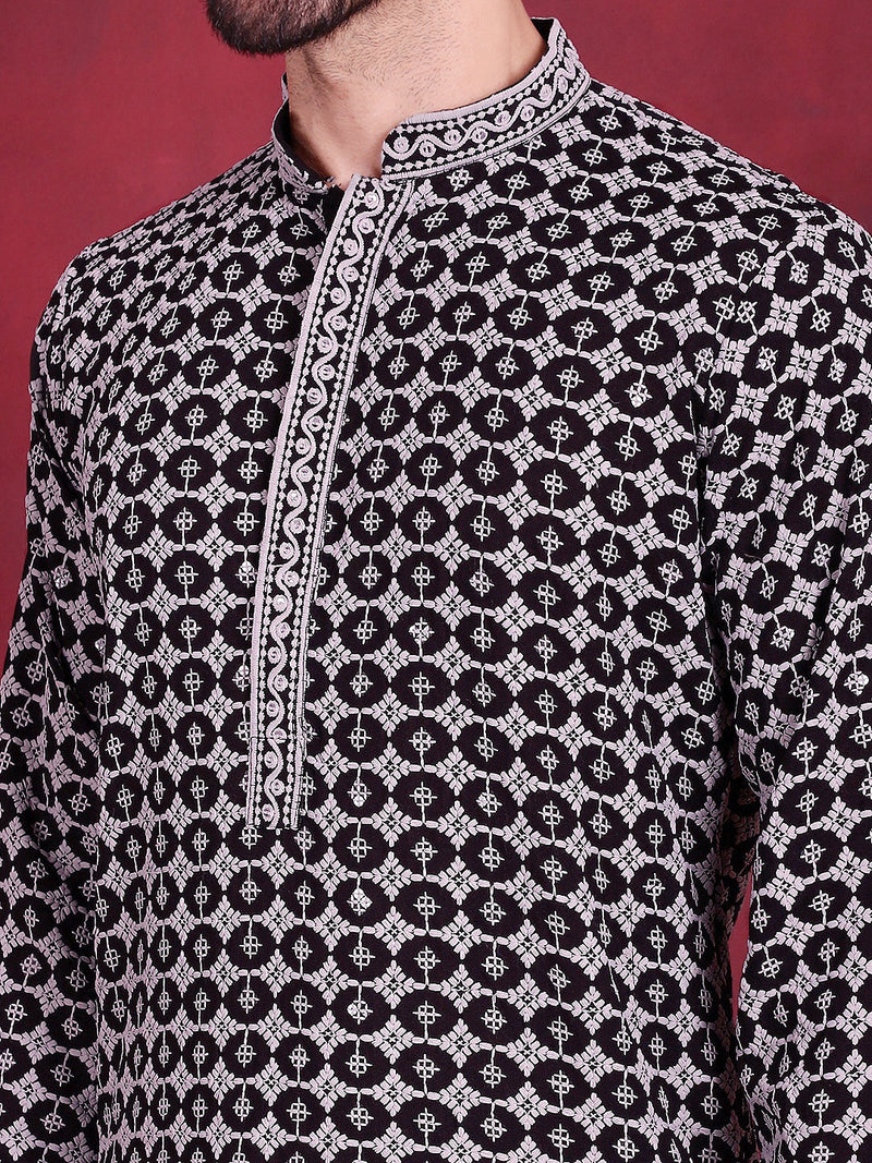 Men's Sequins Embroidered Kurta with Pyjama ( JOKP 5023 Grey )