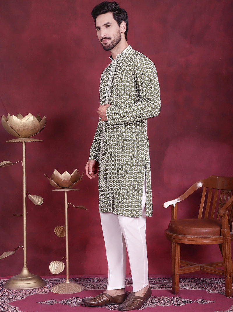 Men's Sequins Embroidered Kurta with Pyjama ( JOKP 5023 Mehndi )